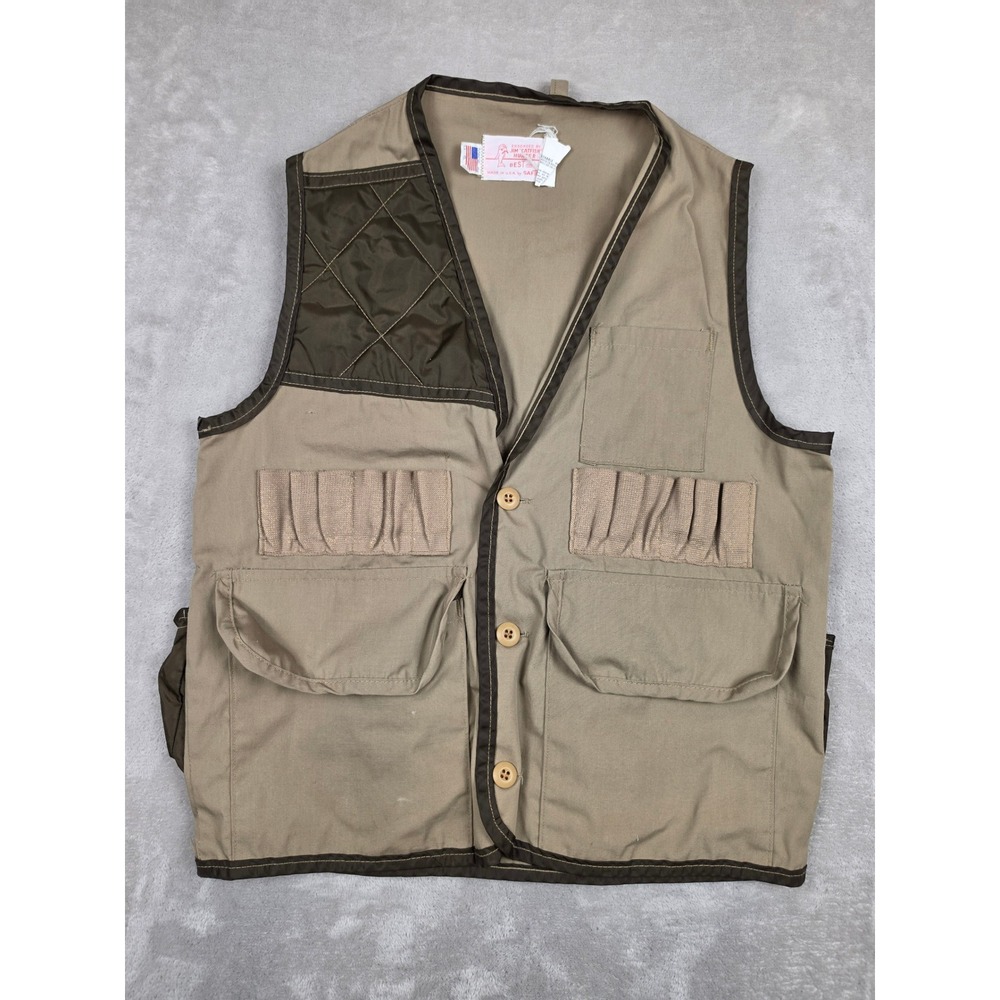 Vintage Saf-T-Bak Hunting Vest Mens M Tan Quilted Shoulder USA Made *Read